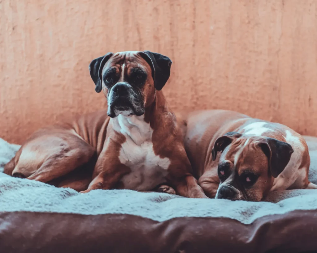 Two brindle and white Boxer dogs resting on a fluffy dog bed against a terracotta-colored wall.