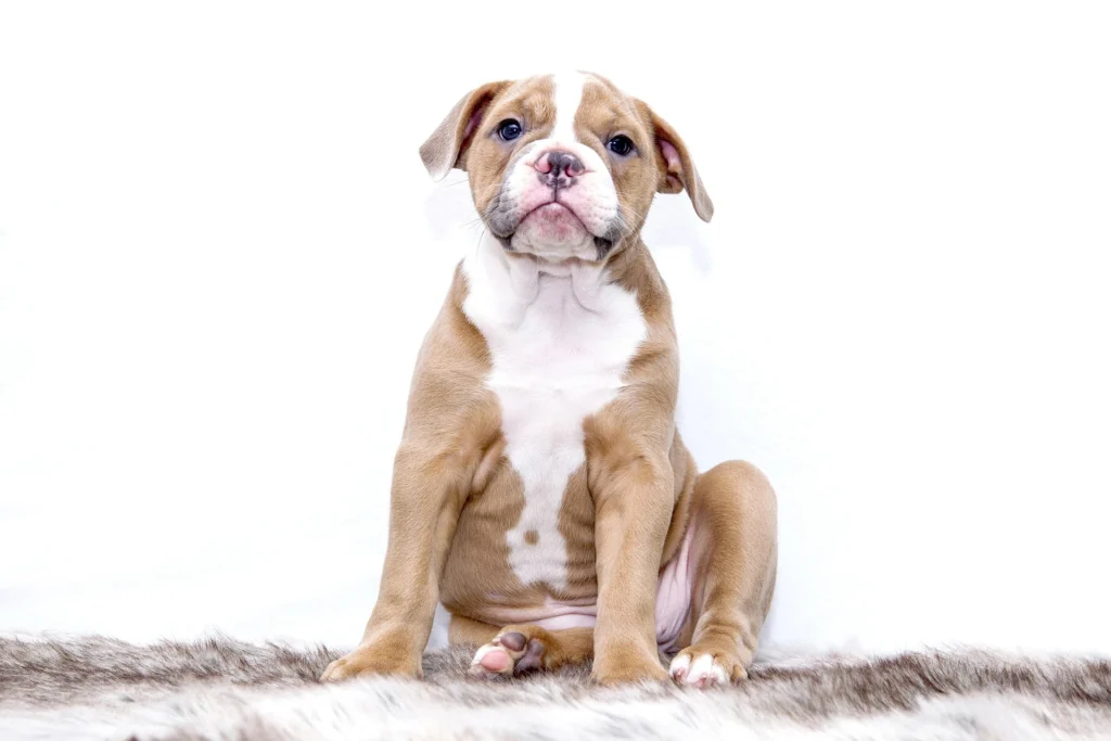 A bulldog puppy is sitting on a faux fur rug against a bright white background.